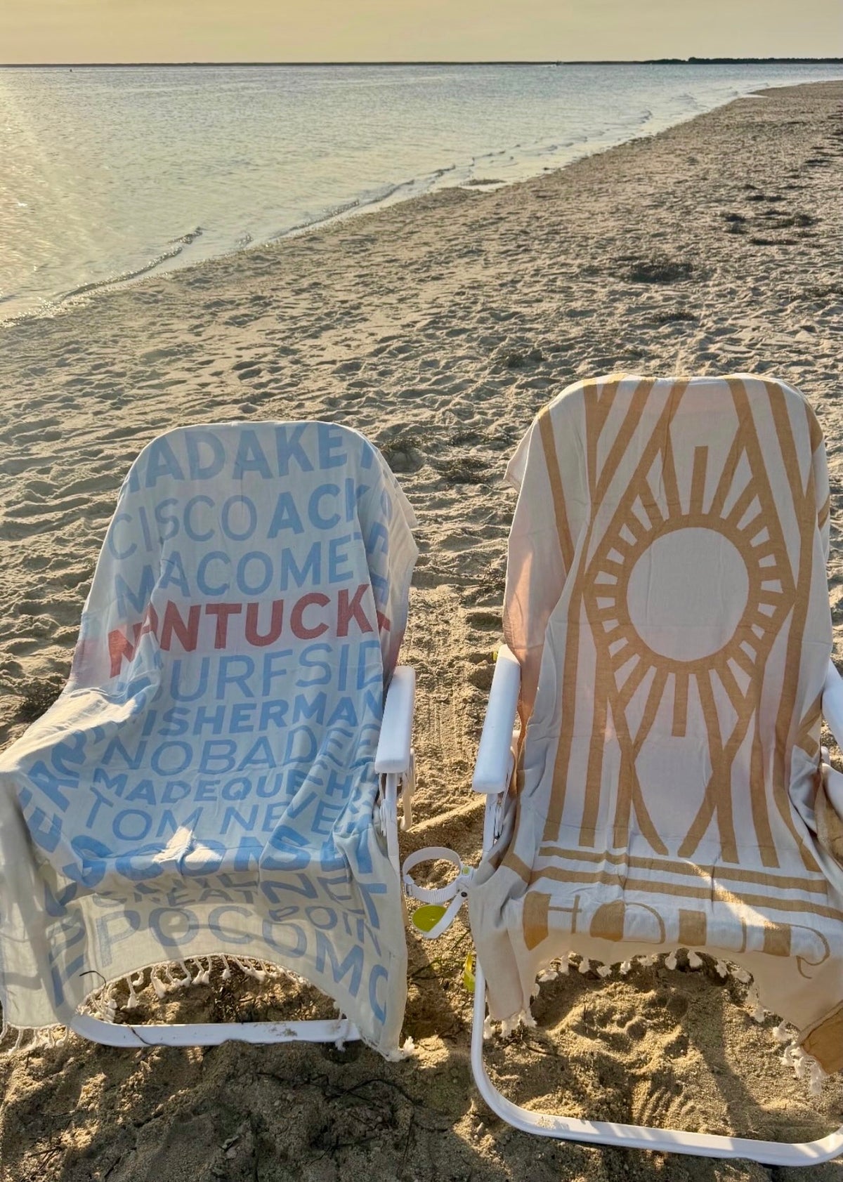 ACK Beaches Turkish cotton beach towel on a chair on Nantucket island