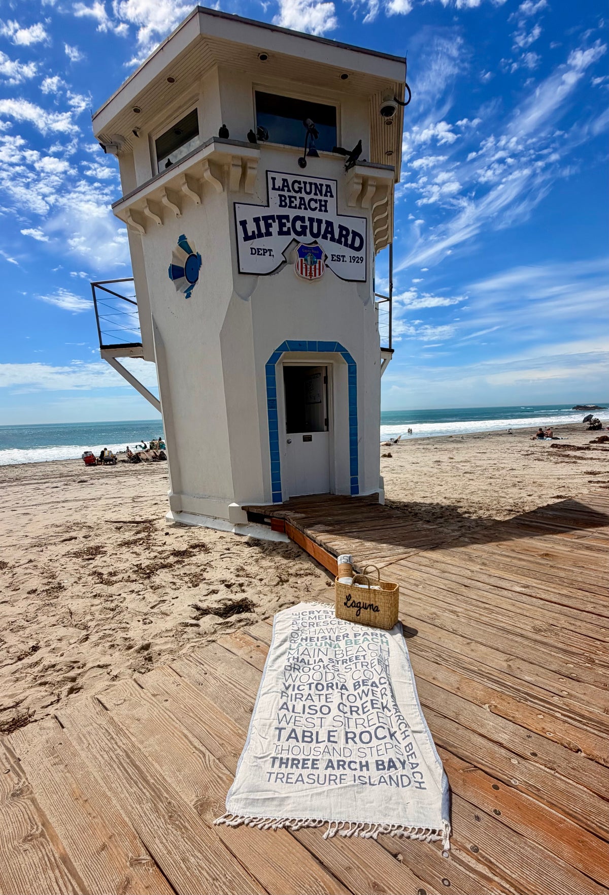 Laguna Beaches Turkish beach towel displayed near the Laguna Beach lifeguard tower